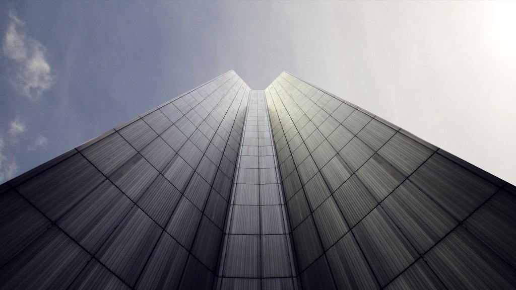 Dark glass facade rising to a central ridge beneath pale sky.